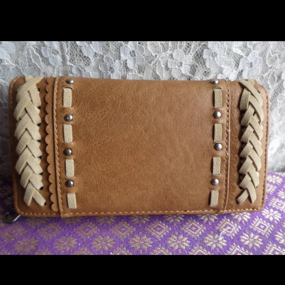 Montana West brown leather zip & snap close wallet braided detail - Picture 1 of 10